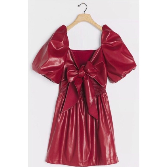 Anthropologie Faux Leather Red Mini Dress Bow-Back Detail Medium Holiday Festive - Picture 6 of 8